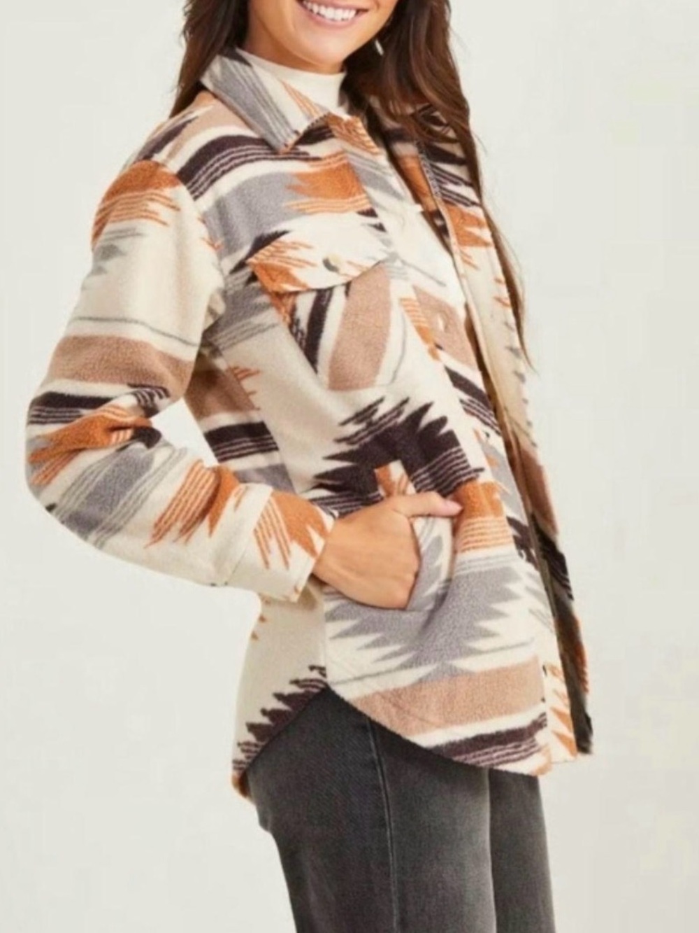 Altar'd State Aztec Southwestern Fleece Shacket Jacket Tan Brown XL